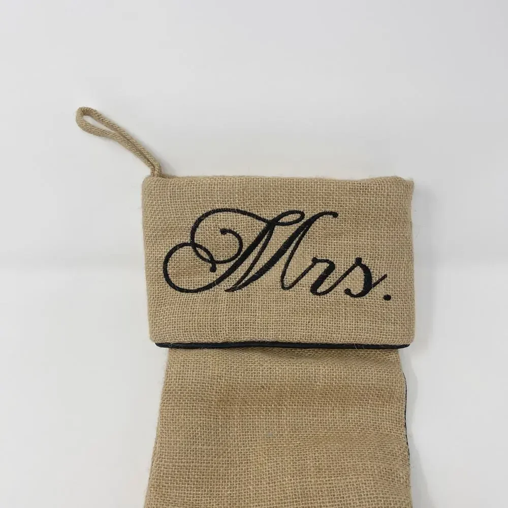 Storehouse Burlap Mr & Mrs Holiday Christmas Stockings Set of 2 Beige Black Trim